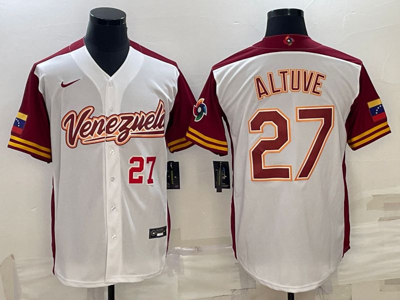 Men 2023 World Cub Venezuela 27 Altuve White Nike MLB Jersey1